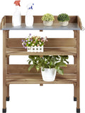Brown Wooden Potting Bench with Metal Tabletop and Storage Shelf C4281