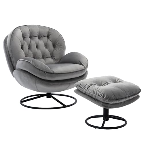 Gray Velvet Swivel Accent Chair with Ottoman Set D979559