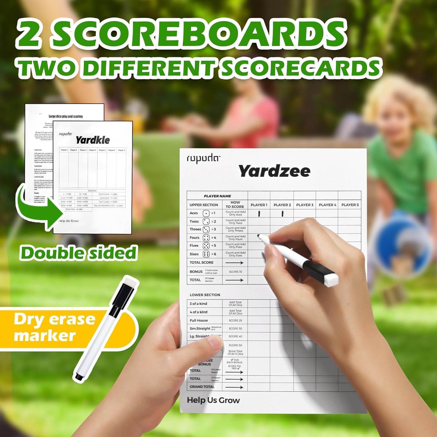 3.5" Wooden Yard Dice Set includes 6 Dice, Collapsible Bucket, Score Cards & Dry Erase Marker L9795