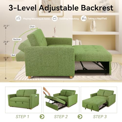 49" 2-Seater Linen Fabric Convertible Sofa Bed with Adjustable Backrest and 2 Pillows S241614