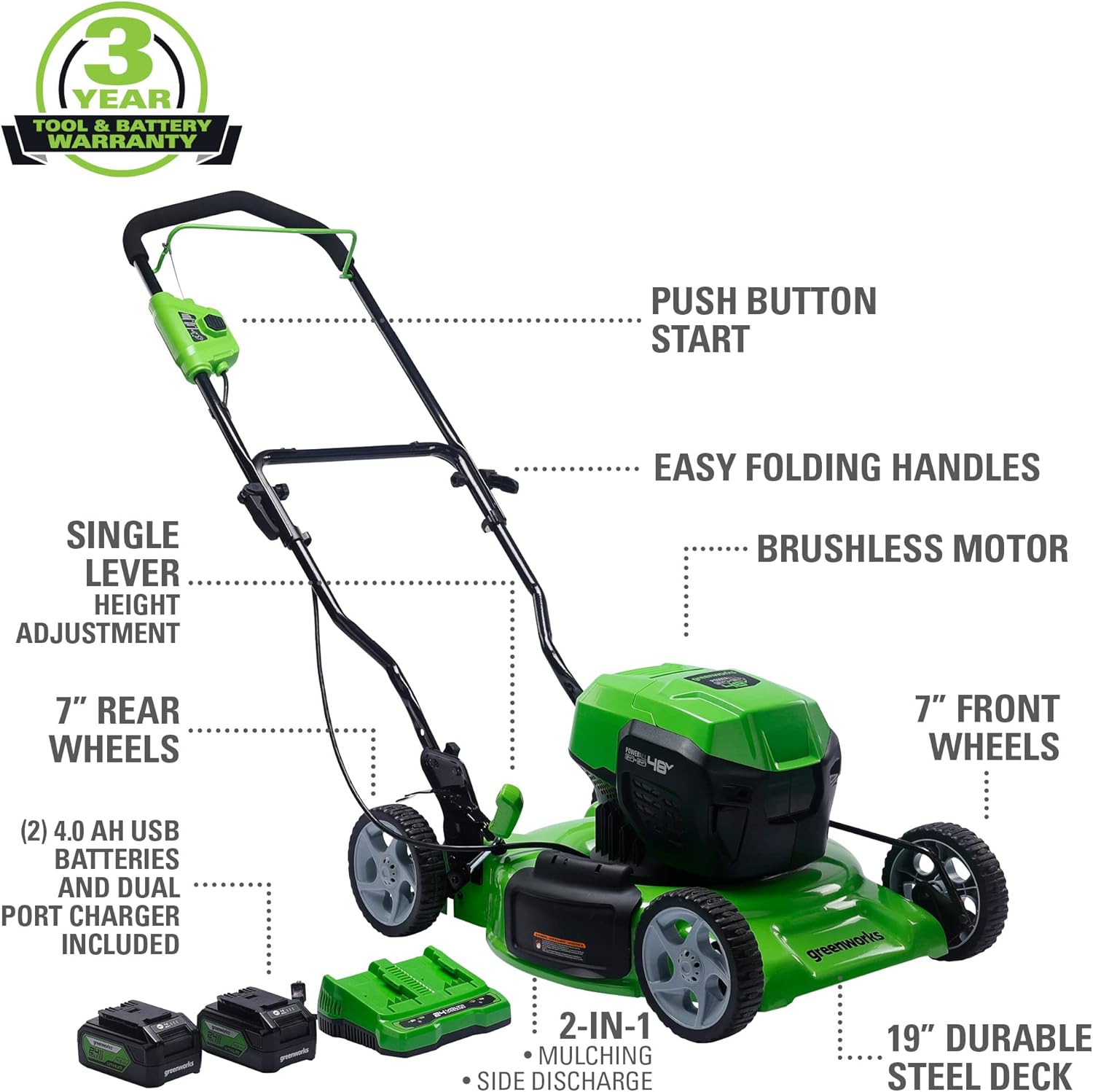 2 x 24V (48V) 19" Brushless Cordless Lawn Mower with 4.0Ah Batteries and Dual Port Charger G3080