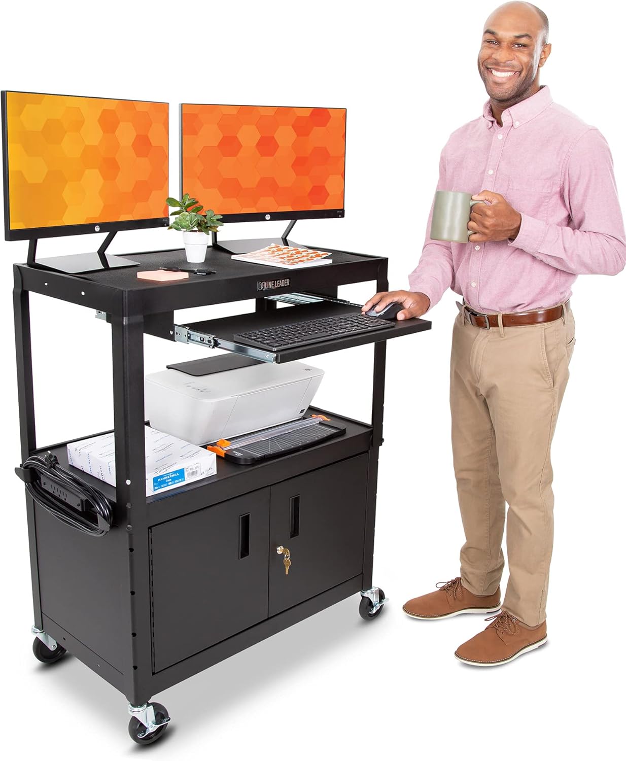 Large AV Cart with Locking Cabinet, Height Adjustable, Black H21904