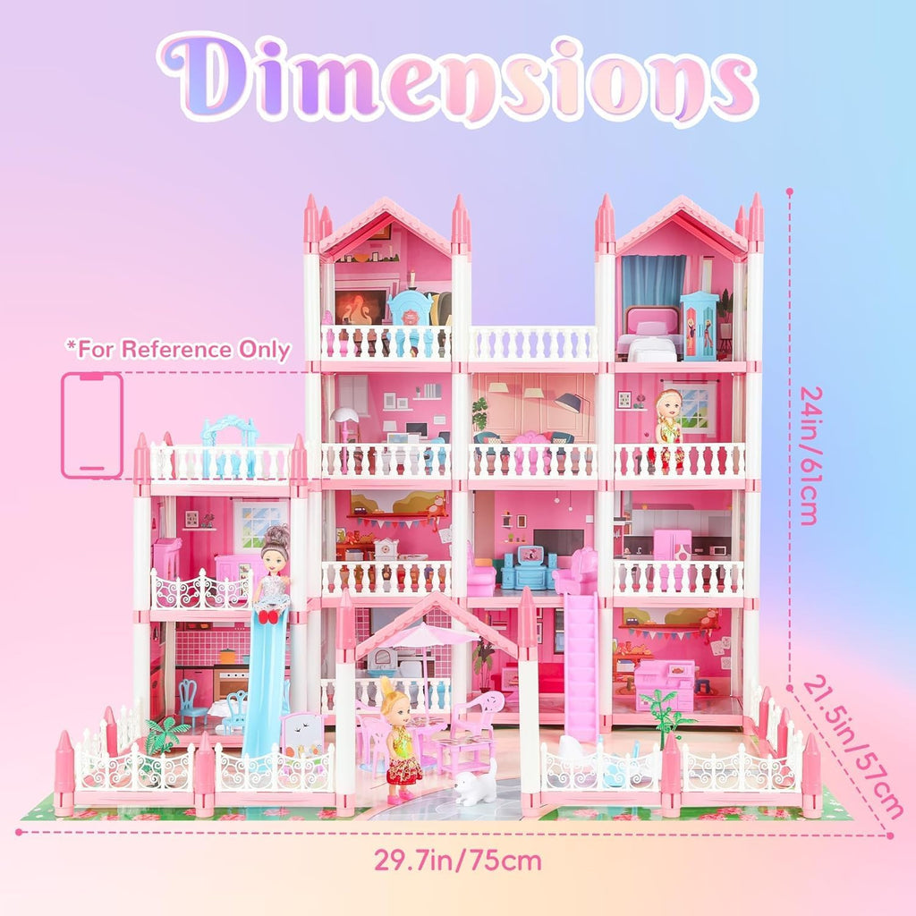 4-Story 15 Rooms Dollhouse with 3 Dolls, Lights, Furniture and Accessories L6499