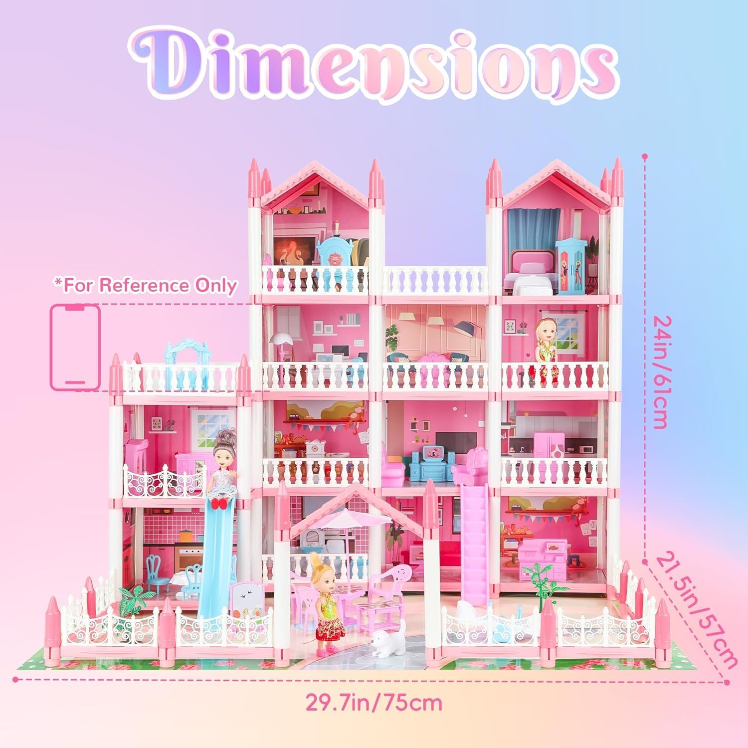 4-Story 15 Rooms Dollhouse with 3 Dolls, Lights, Furniture and Accessories L6499