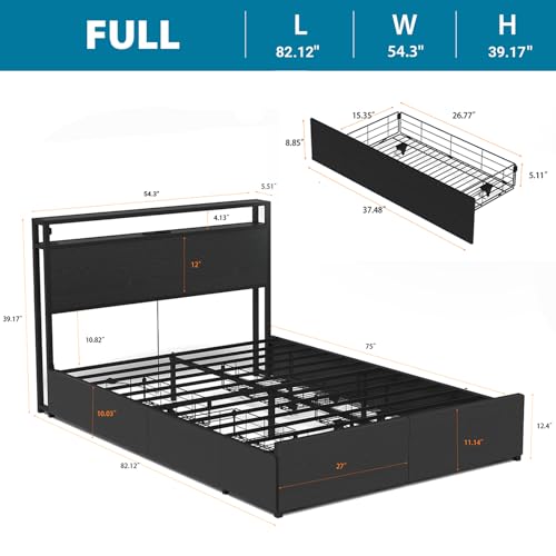 Black Full Size Bed Frame with Headboard, LED, 4 Storage Drawers, Charging Station P15461