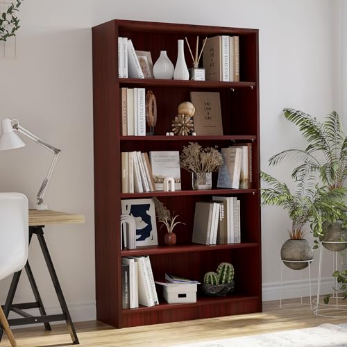 5 Shelf Wooden Bookcase, 60 Inch Height, Cherry L3639