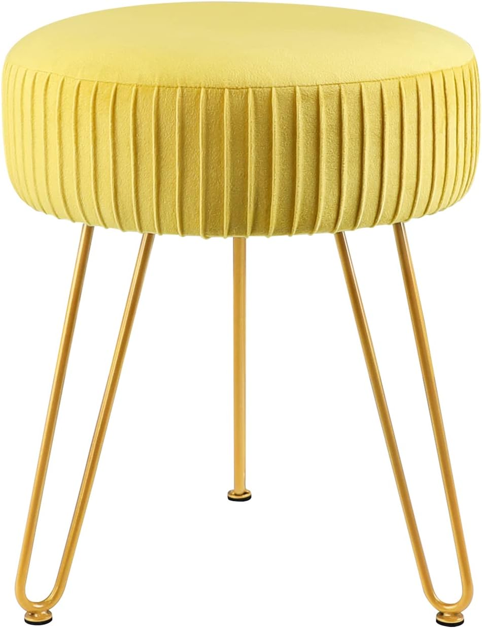 Yellow Velvet Round Vanity Chair with Golden Metal Legs K395