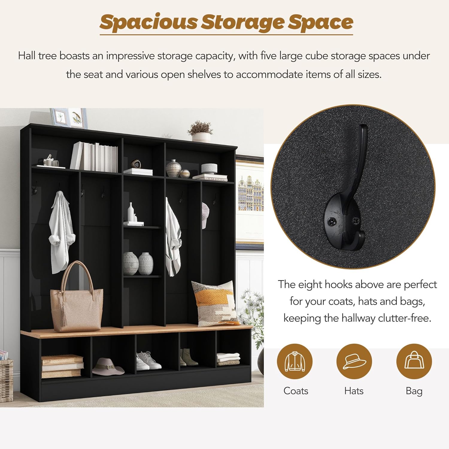 Black Hall Tree with Storage Bench and 8 Hooks R167