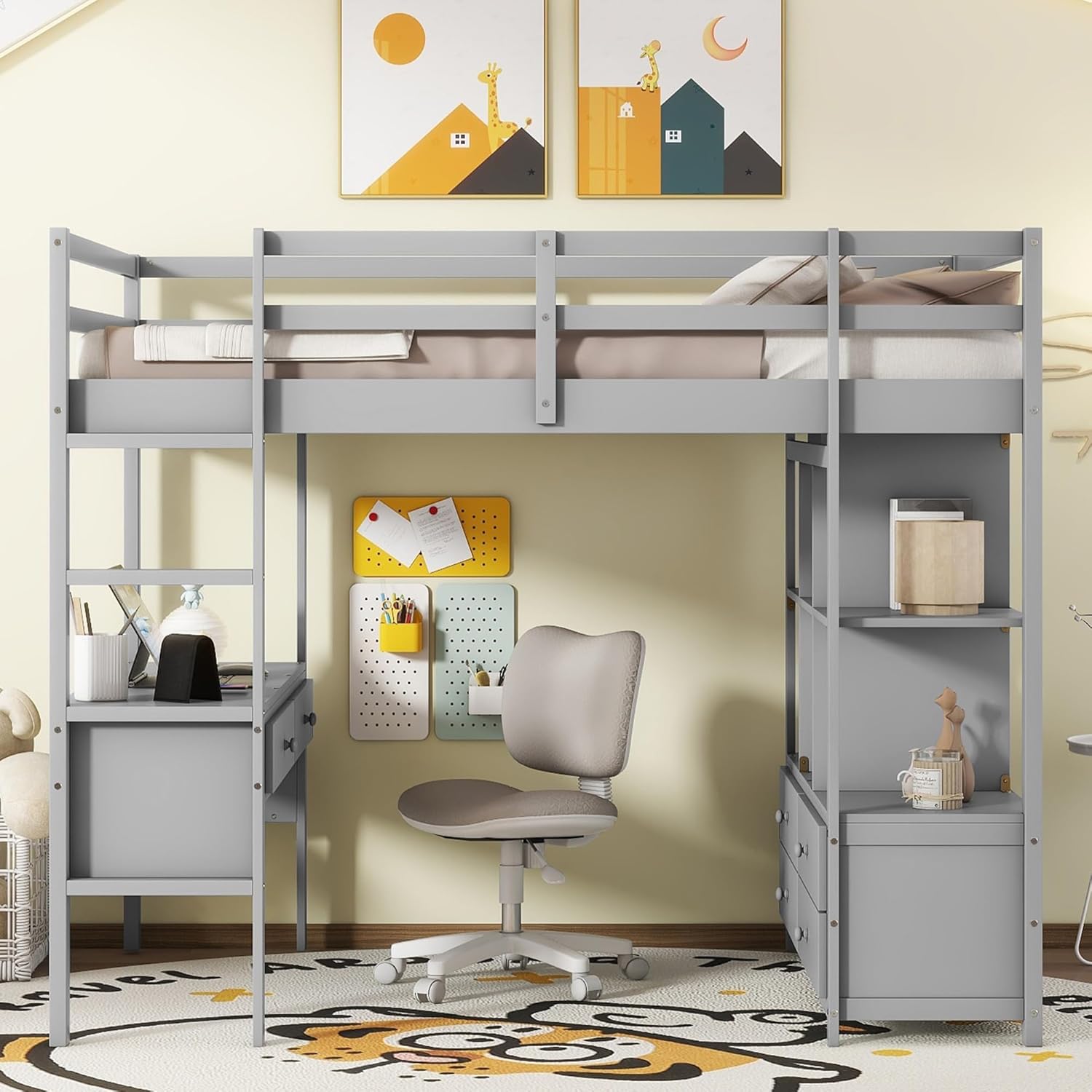 Full Size Solid Wood Loft Bed with Desk and 2 Drawers, Grey Q83593