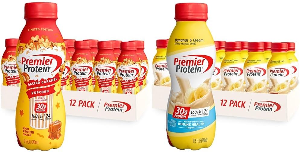 12 Pack Premier Protein Shake, 30g Protein, Salted Caramel Popcorn and Bananas & Cream Flavors V453008