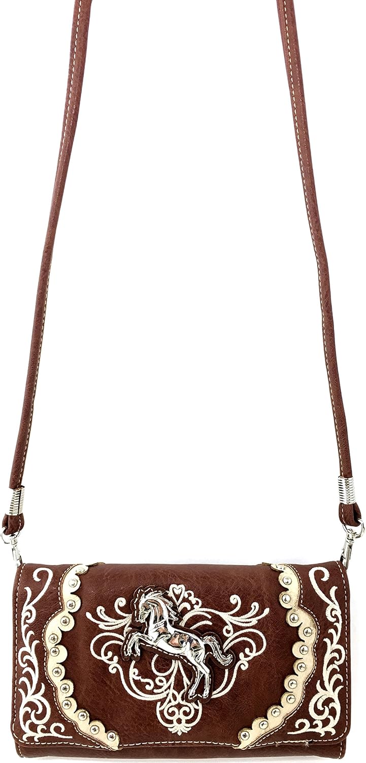 Brown Horse Embroidery Studded Concealed Carry Handbag Purse and Wallet H187637