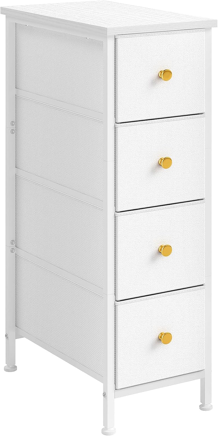 White 4 Drawer Slim Fabric Dresser with Steel Frame and Wood Top R263