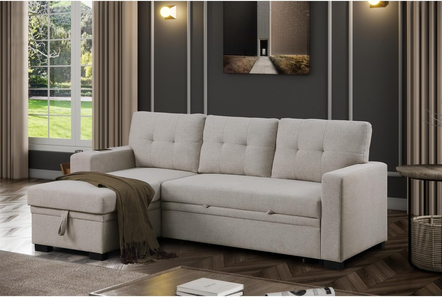 Light Gray Polyester Fabric L-Shaped Sleeper Sectional Sofa Bed M122
