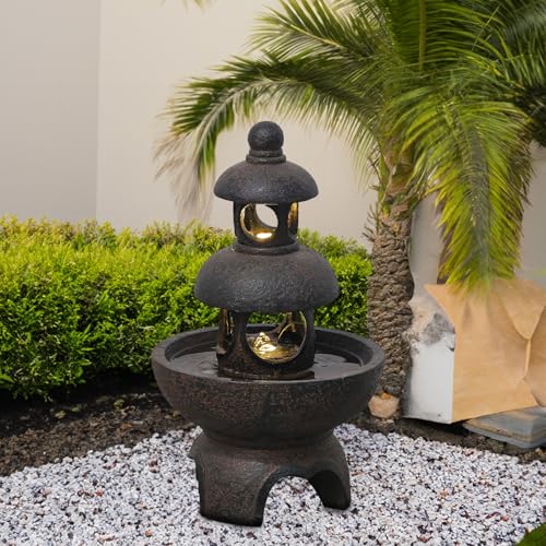 Gray 35.5 inch Outdoor Garden Water Fountain with LED Lights & Pump H7183