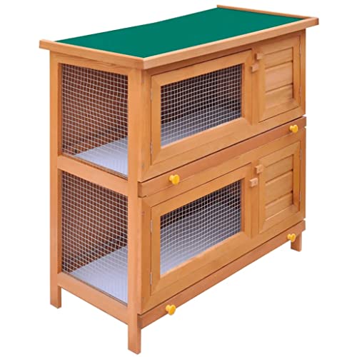 Gray Wood Pet Rabbit Hutch with Mesh Door and Green Roof O34370