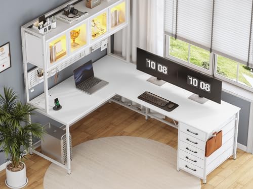 White L Shaped Gaming Desk with Drawers and Hutch T3222