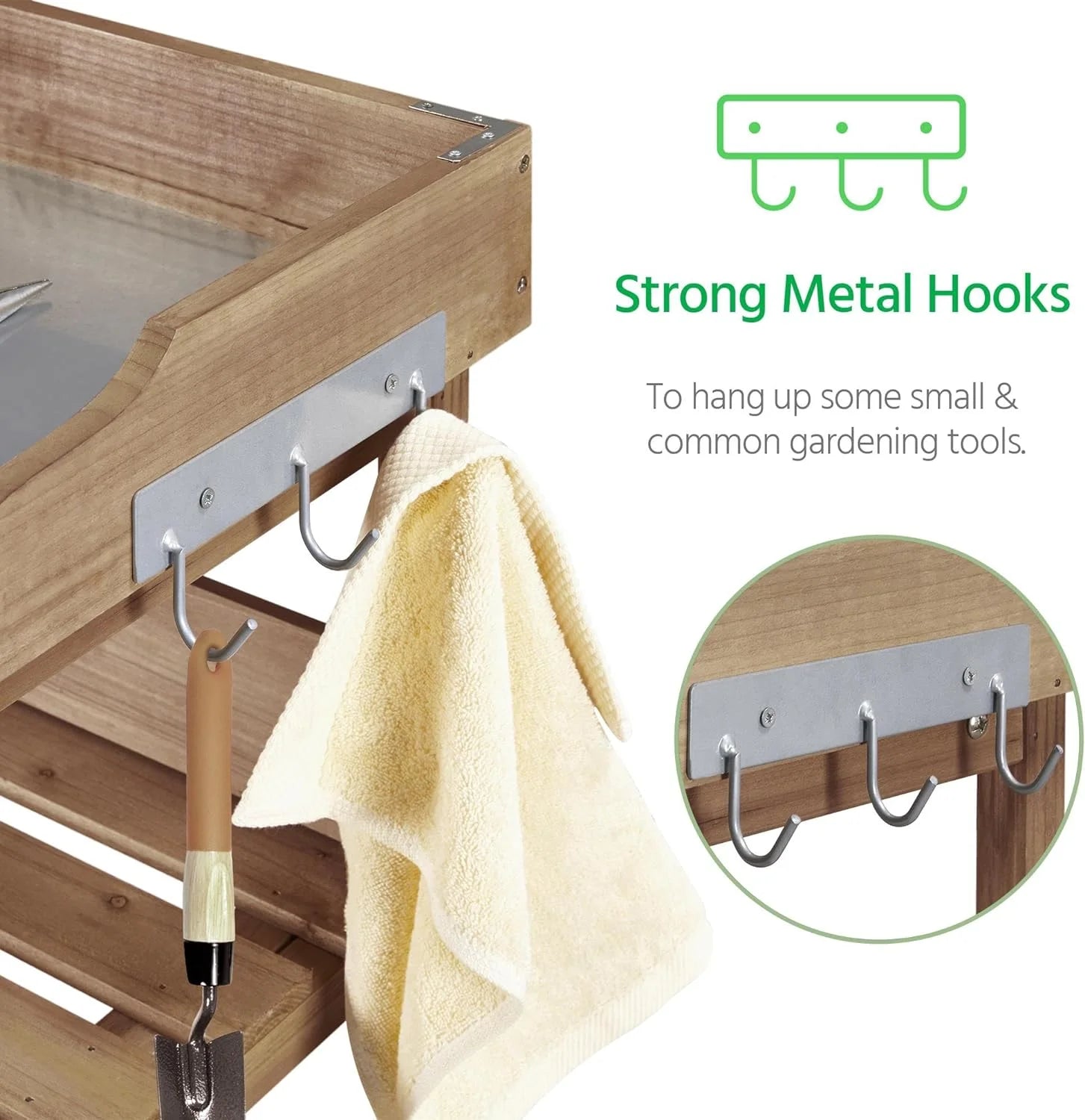 Brown Wooden Potting Bench with Metal Tabletop and Storage Shelf C4281