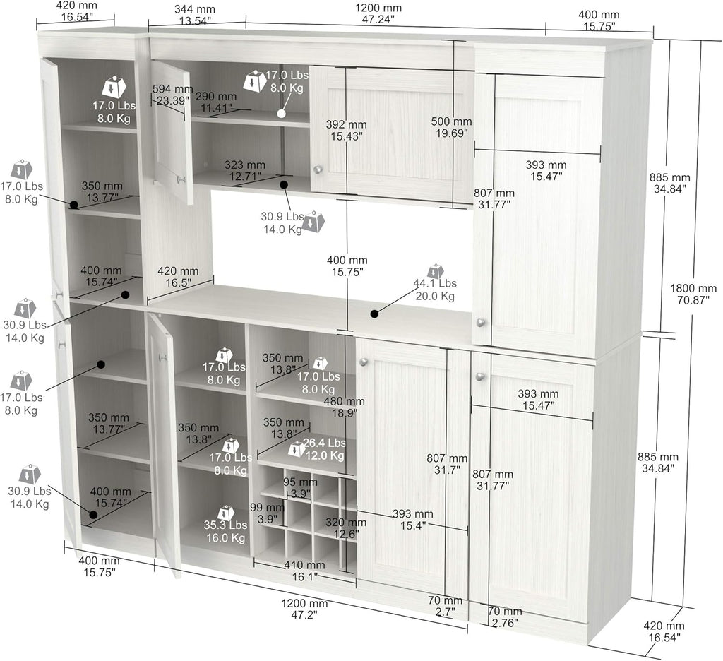 4-Piece Buffet Storage System with 2 Tall/Slim Cabinets, Washed Oak U577221