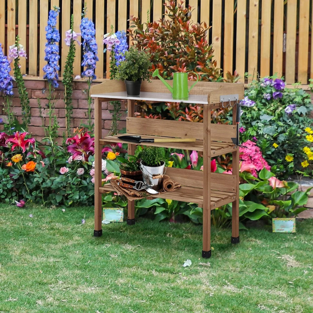 Brown Wooden Potting Bench with Metal Tabletop and Storage Shelf C4281