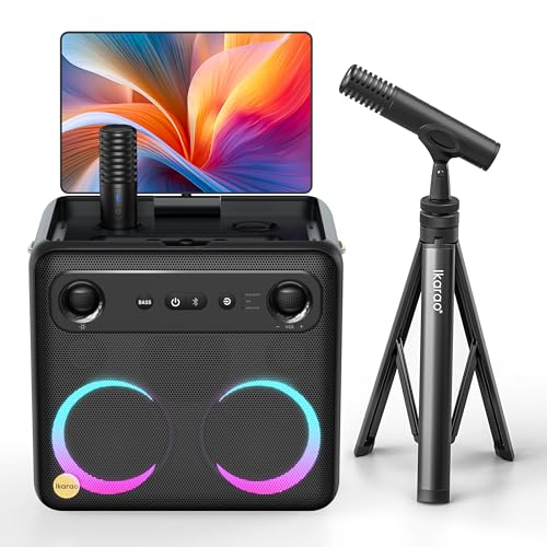 Smart Karaoke Machine with Lyrics Display, 32GB, 2 Wireless Mics, 300W Peak Power, 4 DJ Lights N14208