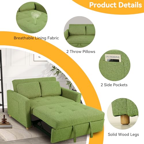 49" 2-Seater Linen Fabric Convertible Sofa Bed with Adjustable Backrest and 2 Pillows S241614