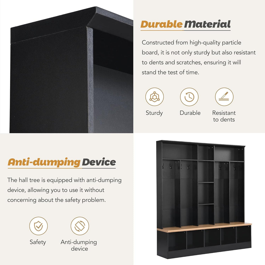 Black Hall Tree with Storage Bench and 8 Hooks R167