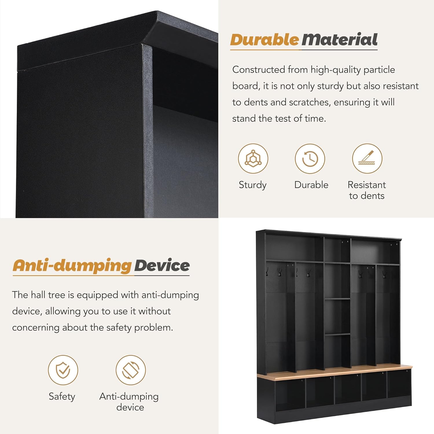 Black Hall Tree with Storage Bench and 8 Hooks R167