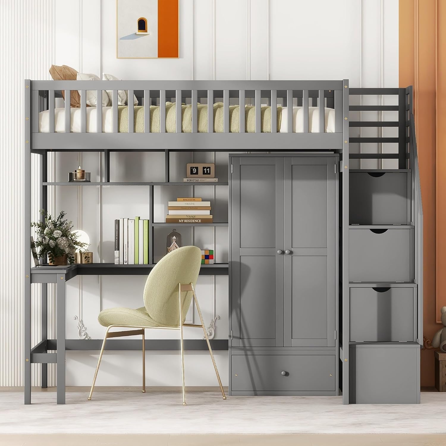 Grey Twin Size Loft Bed with Bookshelf Drawers Desk and Wardrobe MDF Pine Wood B727