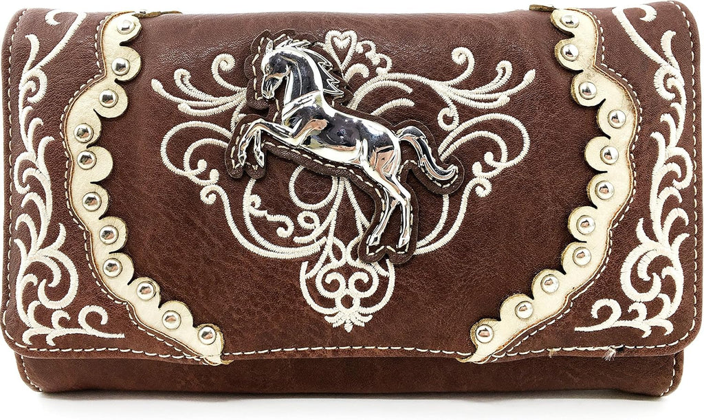 Brown Horse Embroidery Studded Concealed Carry Handbag Purse and Wallet H187637