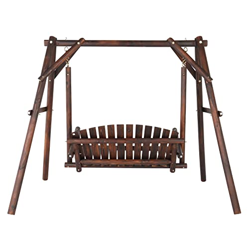 6.5' Outdoor Porch Swing Rustic Loveseat Solid Wooden Natural Log Garden Swing (Carbonized) W63206