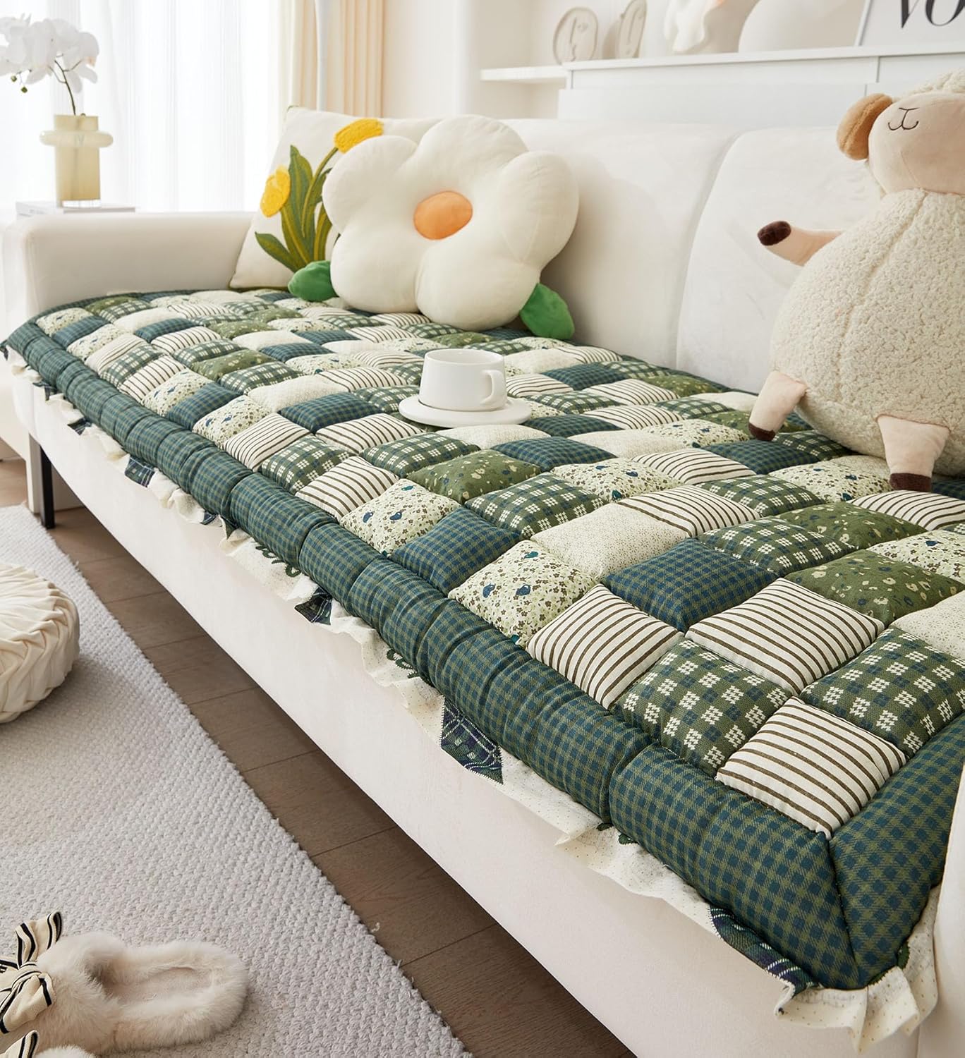 Green 28"x59" Cotton Quilted Sofa Cover J9515