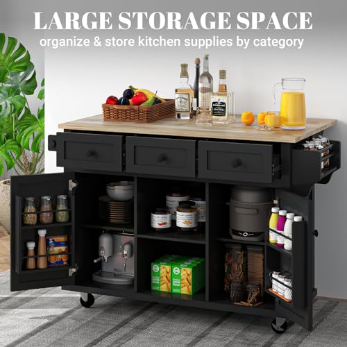 Large Kitchen Island On Wheels with Storage 54in Width Wood Island with Drawers Cabinet Spice Rack Towel Rack A698567