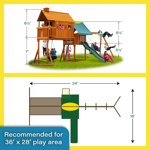 Solid Cedar Wood Swing Set with Built-in Tree House, Wave Slide, Spiral Slide D44331