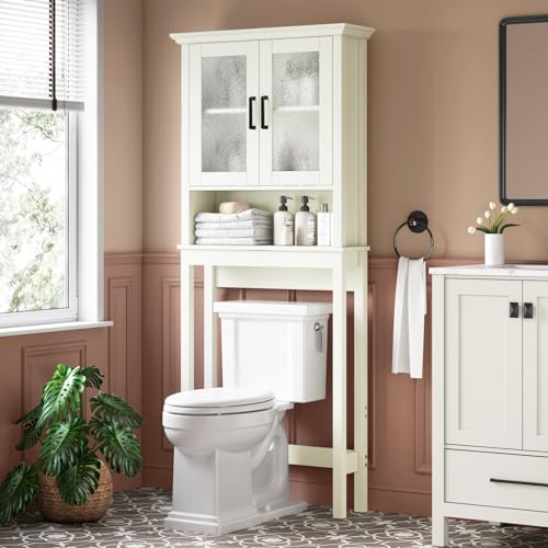 Espresso Over The Toilet Storage Cabinet with Glass Doors and Adjustable Shelf W971