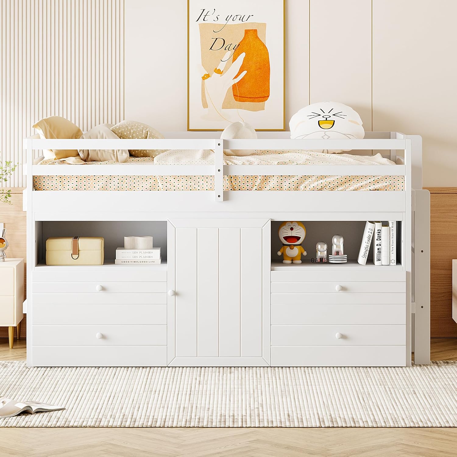 White Wooden Twin Size Loft Bed with 4 Drawers P6842