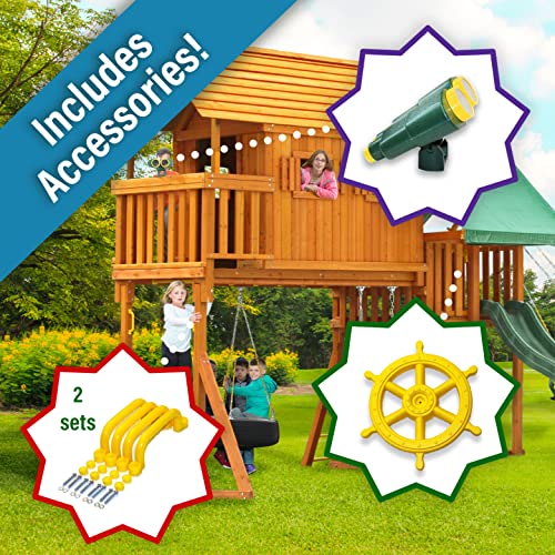 Solid Cedar Wood Swing Set with Built-in Tree House, Wave Slide, Spiral Slide D44331