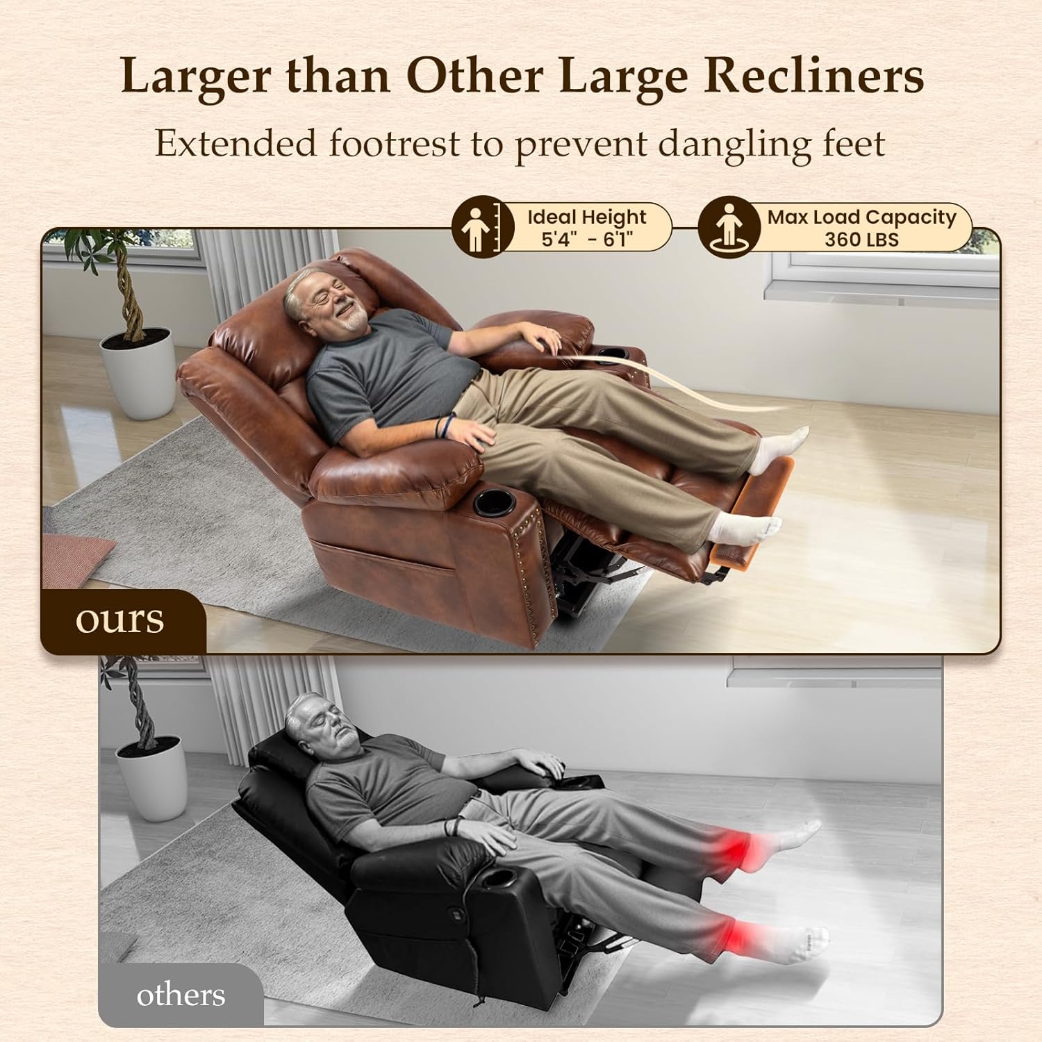 Large Power Lift Recliner with Extended Footrest, Heat and Massage T25496
