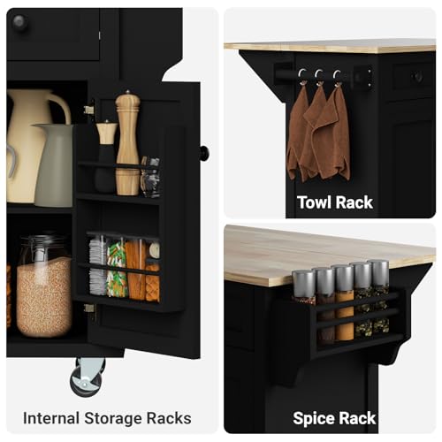 Large Kitchen Island On Wheels with Storage 54in Width Wood Island with Drawers Cabinet Spice Rack Towel Rack A698567