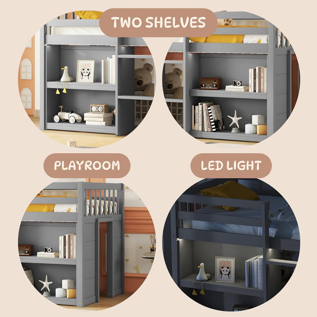 Grey LED Twin Low Loft Bed with Storage Shelves B739983