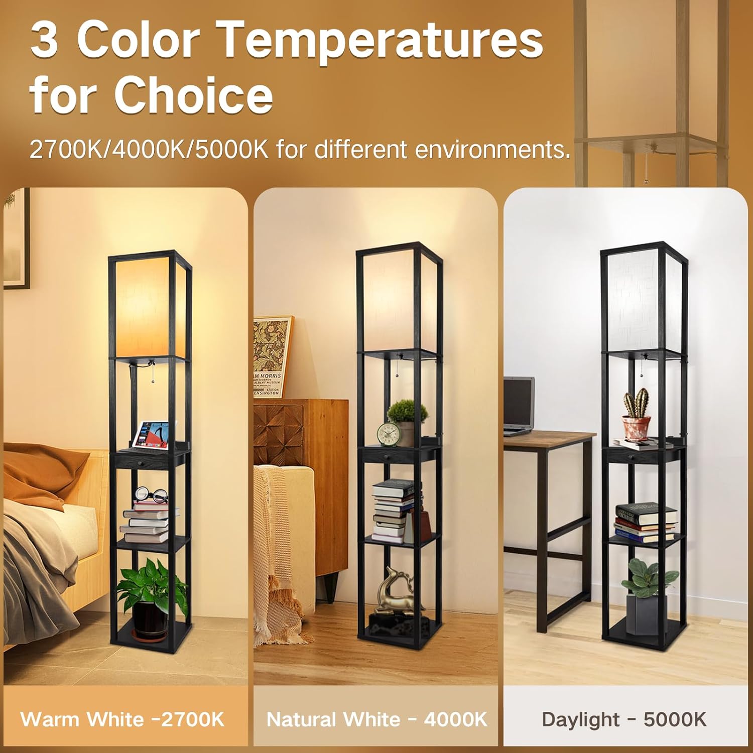 Wood Tripod Floor Lamp with Beige Linen Texture Shade R948234