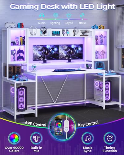 White 74.8'' Gaming Desk with LED Lights, Hutch and Storage Shelves I927581