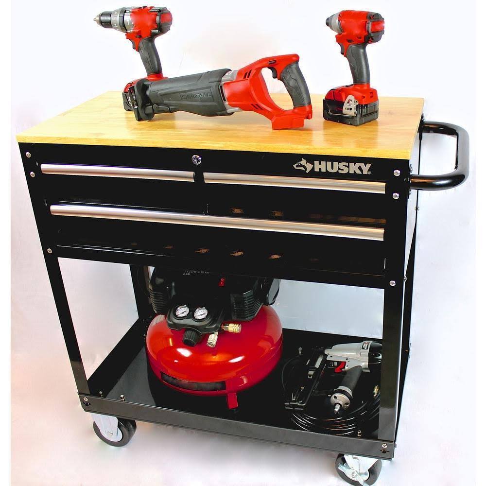 36 in. 3-Drawer Rolling Tool Cabinet Cart with Wood Top Black E317339