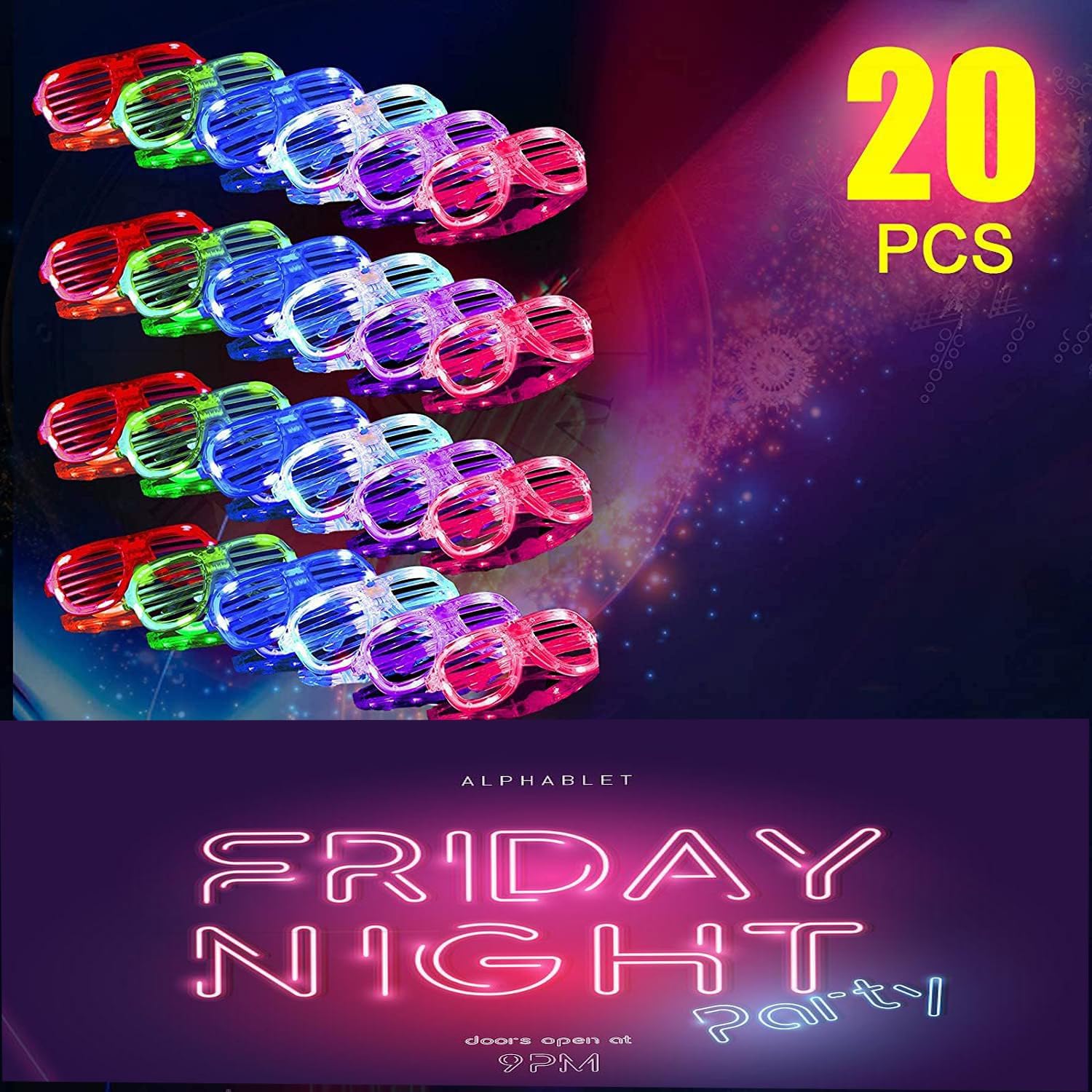 20Pack LED Glow Glasses Plastic Shutter Shades T16761