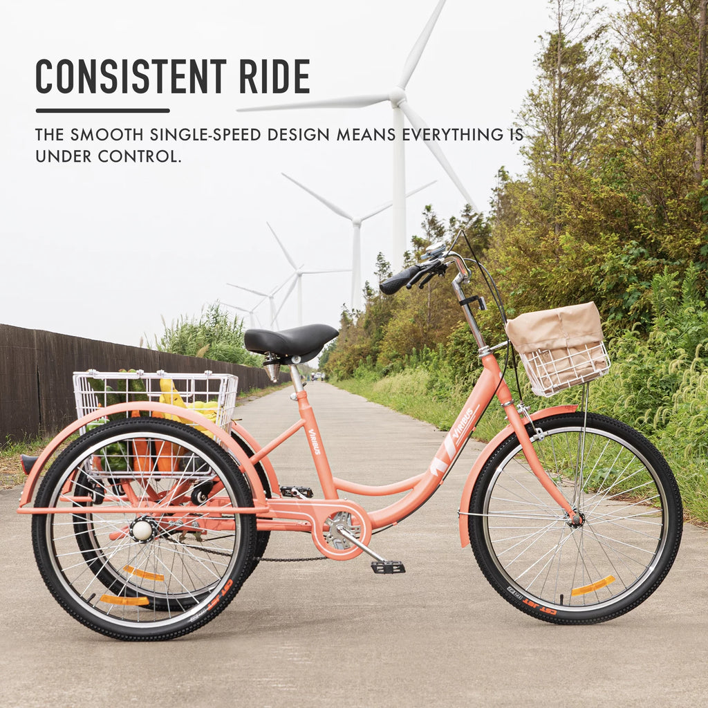 26 Inch Single Speed Adult Tricycle 3 Wheel Bike Pink L307