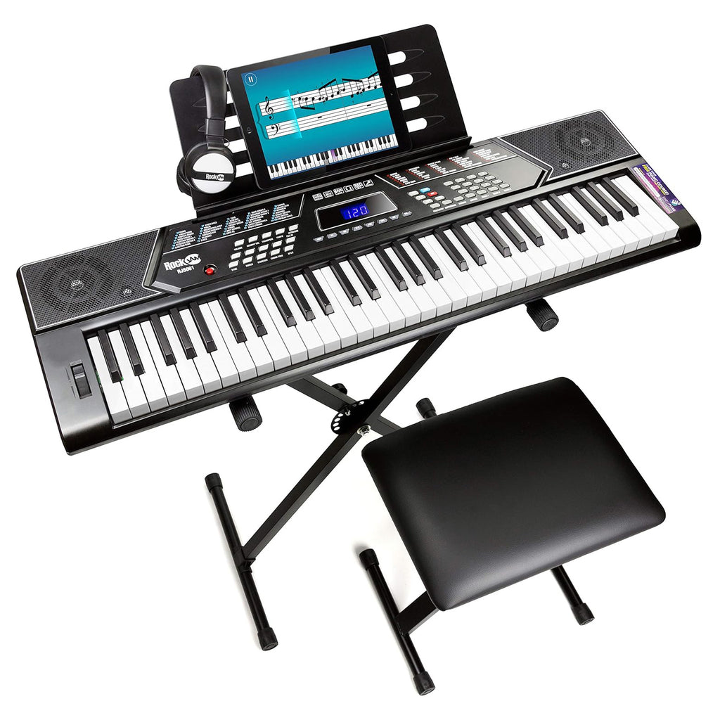 61 Key Keyboard Piano Stand with Pitch Bend Kit, Piano Bench, Headphones, Keynote Stickers X936893
