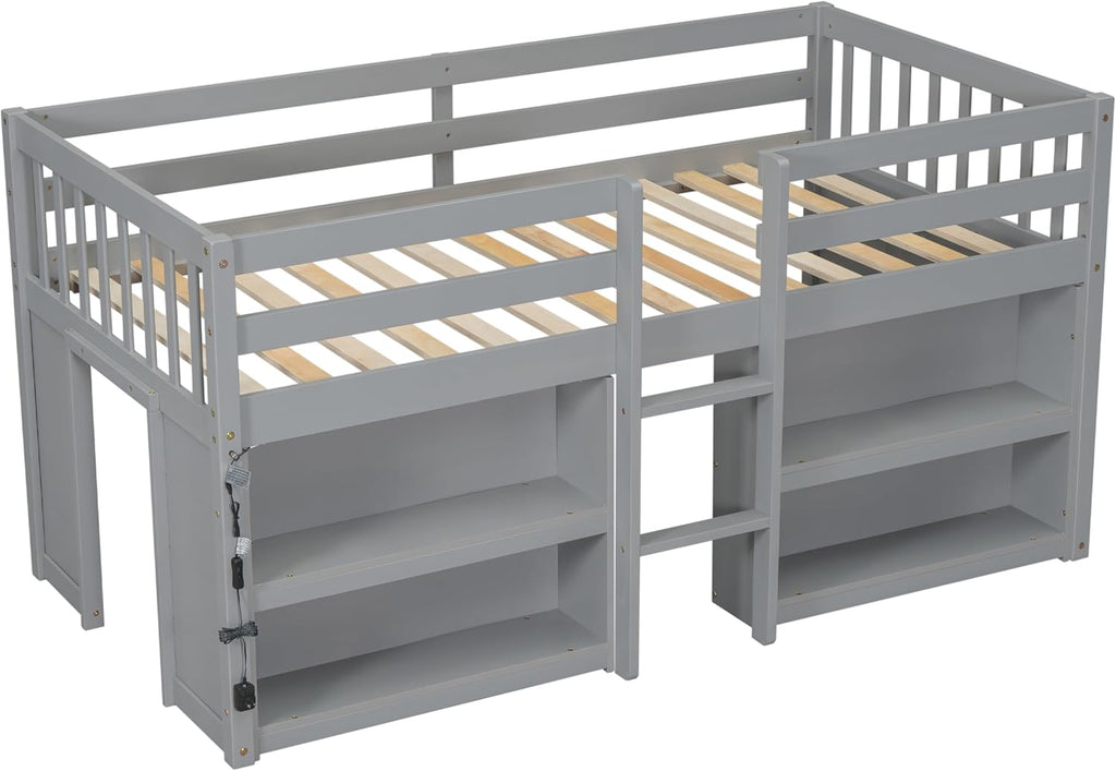 Grey LED Twin Low Loft Bed with Storage Shelves B739983