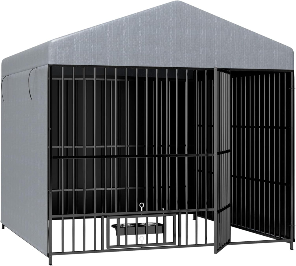 Large Outdoor Metal Dog Kennel with Waterproof Cover Roof (6.6'L x 6.6'W x 6.4'H) U243257