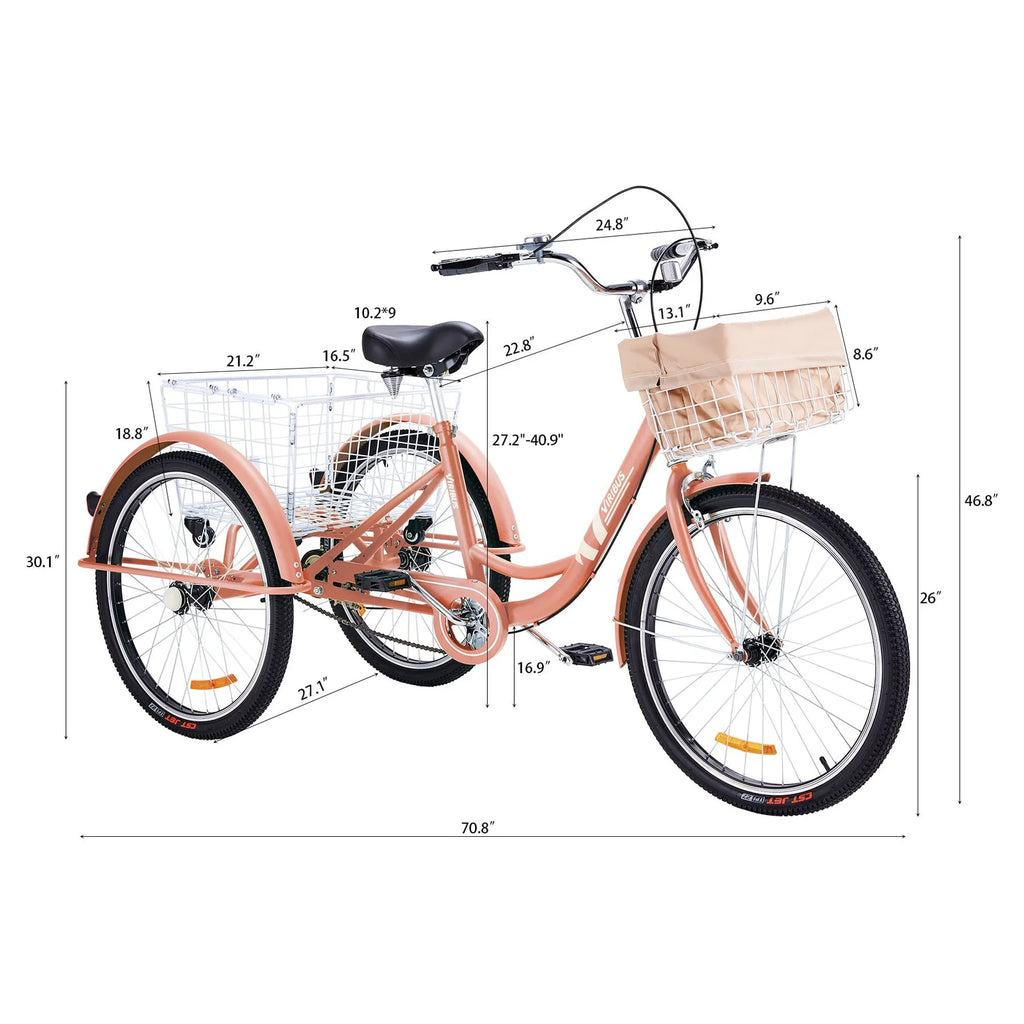26 Inch Single Speed Adult Tricycle 3 Wheel Bike Pink L307