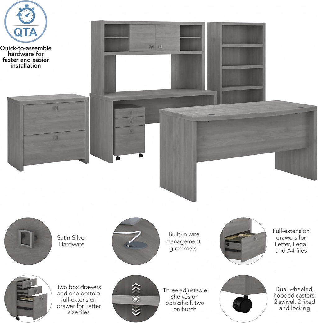 Modern Gray Bow Front Desk with Credenza, Hutch, Bookcase and File Cabinets D8297