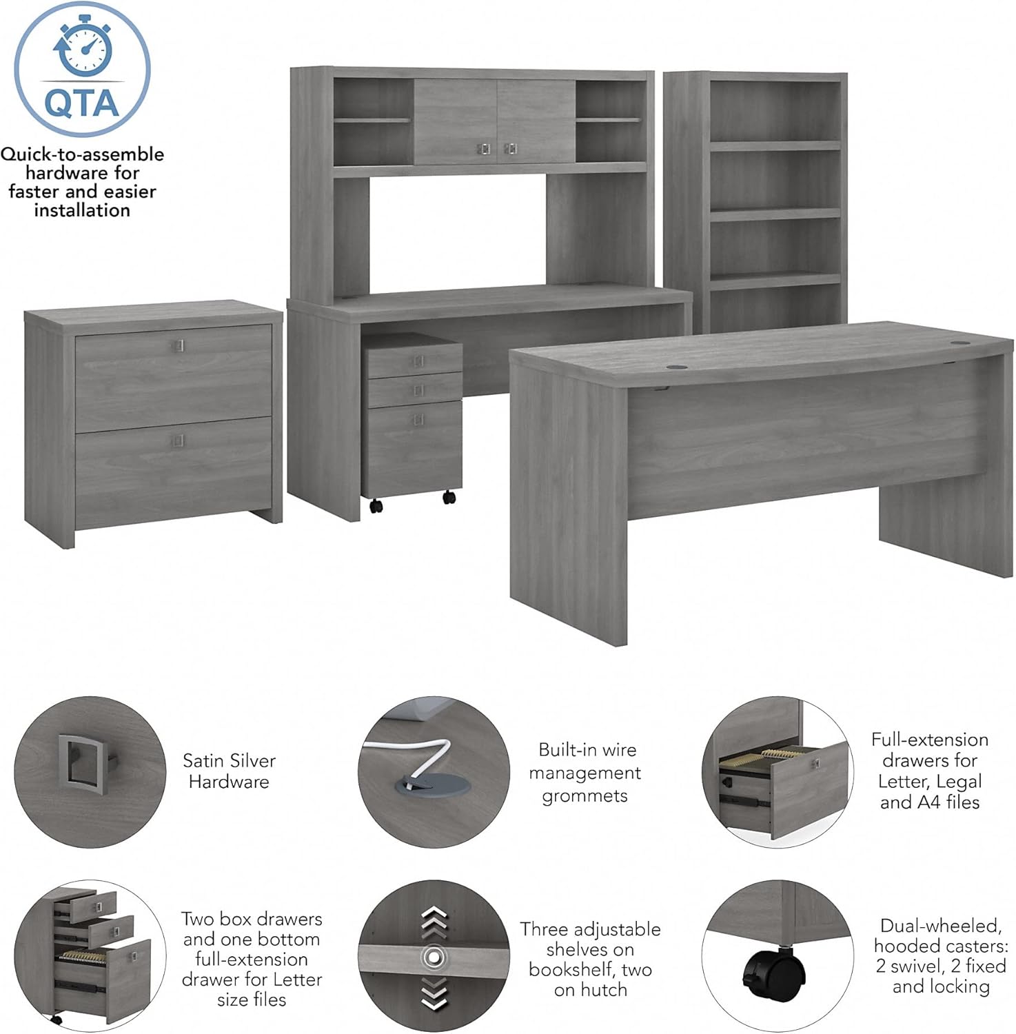 Modern Gray Bow Front Desk with Credenza, Hutch, Bookcase and File Cabinets D8297